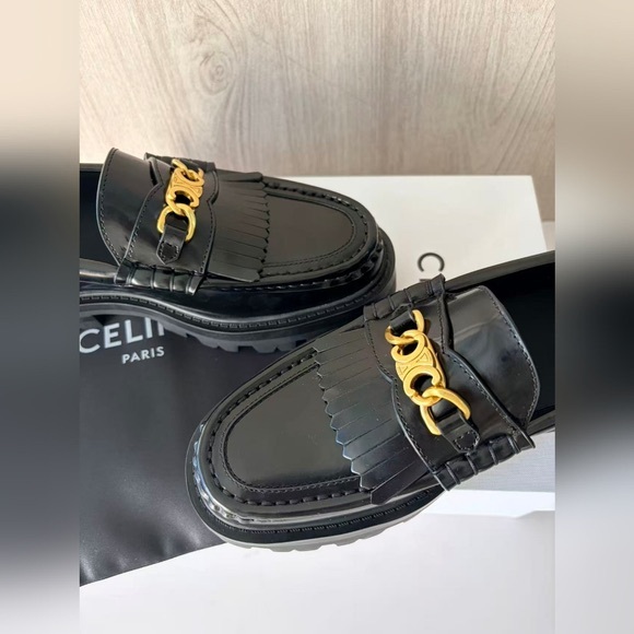 Celine Black Leather Loafers with Gold Accent - Picture 2 of 8